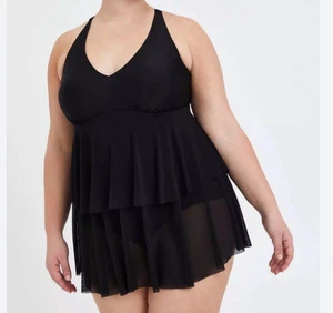 Torrid Badekleid Badeanzug Damen 2/2X schwarz V-Ausschnitt Rüschen Stufen Träger Strand - Bild 1 von 10