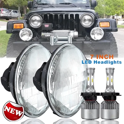 For Jeep 2007-2017 Wrangler JK JKU 7" Round GLASS H4 LED Headlights Kit White - Image 1 of 4