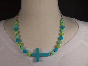 Turquoise Aqua Blue Green Silver tone Cross pendant 18 - 20" long necklace - Picture 1 of 4