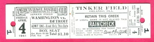 *A STEAL* 1941 BASEBALL FULL TICKET! 4/4/41 WASH SENATORS-TINKER FIELD - Picture 1 of 1