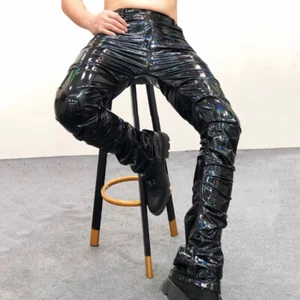 Men Crinkle Faux Leather Pants Trousers Laser Holographic Shiny Stage Club - Picture 1 of 12