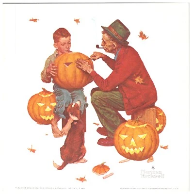 Abóboras esculpidas vintage Norman Rockwell, menino e vovô, outono, estampa americana 8x8 - Imagem 1 de 2