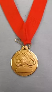goldene Weltkugel Lampe des Wissens Lesemedaille 1 1/2" Durchmesser mit Drapierung rot - Bild 1 von 1