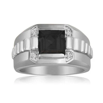 Natural Negro Onix Piedra preciosa con 14K Blanco Anillo Plata Chapado En Oro - Imagen 1 de 4