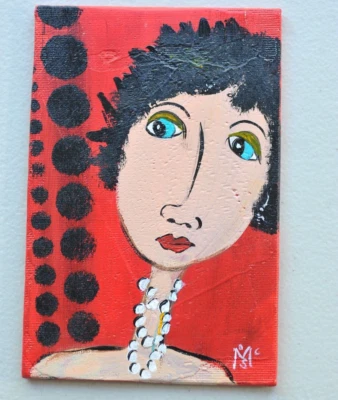 ART ooak оригинальной картины 4 x 6 diva леди моды причудливый красный ожерелье Z - Изображение 1 из 4