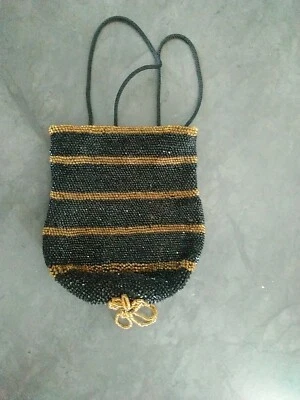Antique Vtg Black & Gold Striped Beaded Lined Evening Bag Purse, Reticule, 5"x6" - Image 1 of 4