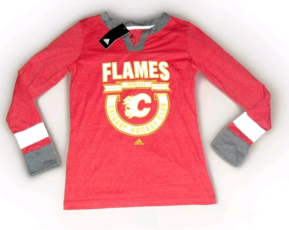 Camiseta Top Calgary Flames Mujer Adidas Niñas Manga Larga Talla Pequeña Nueva NHL Hockey Foto 1 de 3