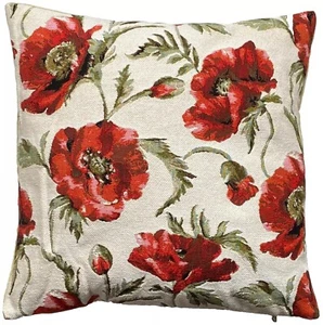 POPPIES WITH BEIGE BACKGROUND 18" 46CM BELGIAN TAPESTRY CUSHION PILLOW COVER ZIP - Picture 1 of 7