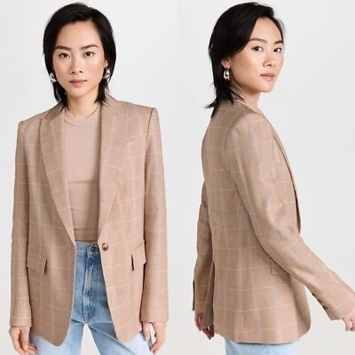 NUEVO CON ETIQUETAS A.L.C Donovan Chaqueta a Cuadros Mezcla de Lino Un Pecho en Tawny Cuadros Talla 6 Foto 1 de 4