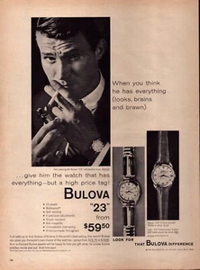 1958 Bulova 23 Print Ad 23 Jewels Waterproof Self Winding Man Smoking Lighter - Bild 1 von 1