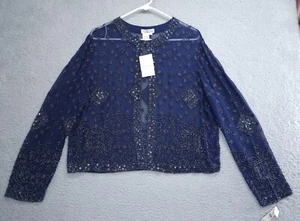 Blazer giacca seta Talbots Soie vintage perle di vetro donna grandi paillettes blu - Foto 1 di 16