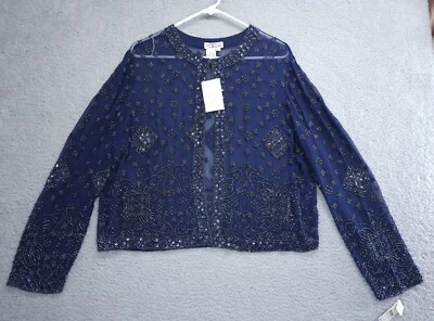 Винтажный Talbots соя шелковая куртка Blazer стеклянные бусины женщин большой синий блестки - Изображение 1 из 4