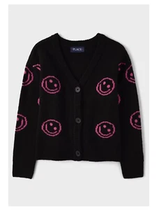 The Children’s Place Black Pink Smiley Happy Face Button Up Cardigan Size XXL 16 - Picture 1 of 5