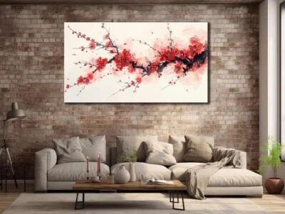 Japanese Art Red Cherry Blossom Branch Wall Art Canvas Unframed Print Art - Image 1 of 4