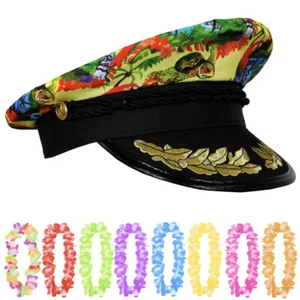YELLOW TROPICAL CAPTAIN HAT AND HAWAIIAN FLOWER LEI SUMMER FANCY DRESS COSTUME - Picture 1 of 14