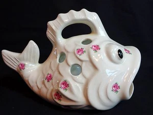 Fish Figurine 10” Pink Roses Handle and Holes on Top Ceramic - Picture 1 of 11