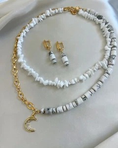 Half Chain Natural White Howlite Womens Necklace Set With Earrings 18K Gold - Picture 1 of 12