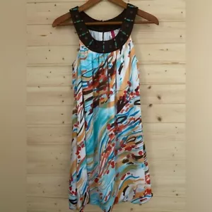 HEART SOUL Women's Small Multi-Watercolor Splash Beaded Collar Bubble Hem Dress - Picture 1 of 9