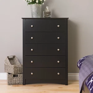 5 Drawer Chest Dresser Storage Organizer Black Wood Finish Bedroom Furniture New - Picture 1 of 12