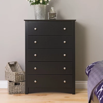 5 Drawer Chest Dresser Storage Organizer Black Wood Finish Bedroom Furniture New - Image 1 of 4