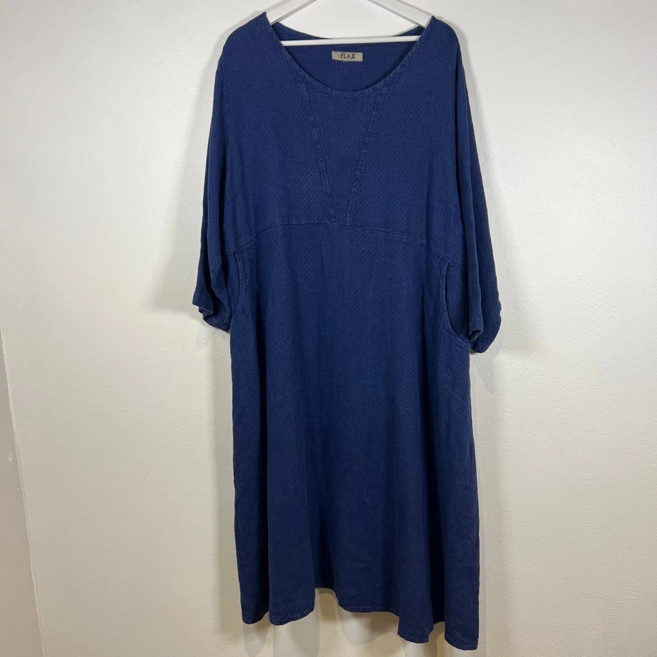 FLAX Women's Linen Midi Dress Size 2G 2XL Navy Blue V-Neck 3/4 Sleeve Lagenlook - Image 1 of 4
