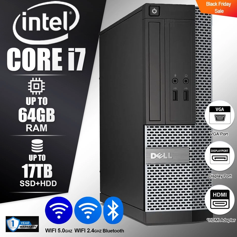 DELL Desktop Computer PC i7, up to 64GB RAM 8TB SSD, Windows 10/11, WiFi - Image 1 of 3