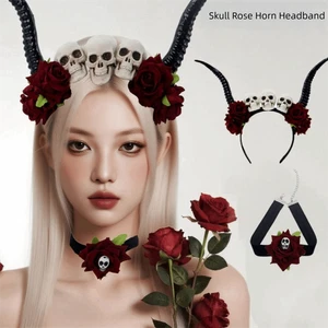 Skull Sheep Horn Hairband Gothic Style Red Rose Headband Festival Wear - Picture 1 of 14