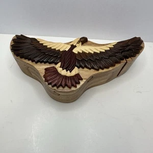 VTG Hand Carved Bald Eagle Hardwood Puzzle Trinket Gift Box 8” X 3” - Picture 1 of 12