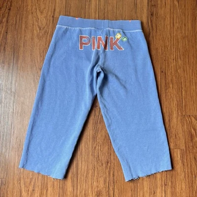 Y2K 2000-х розовый капри брюки средний синий тропическая собака логотип вышитые спортивные штаны - Изображение 1 из 4