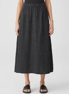 Eileen Fisher NWT Puckered Organic Linen Gathered Skirt CHECK PRINT Sz M $168 - Picture 1 of 7