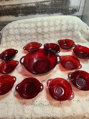 Anchor Hocking ROYAL RUBY RED CORONATION 12 pc. Berry Bowl Set w/Handles - Image 1 of 4