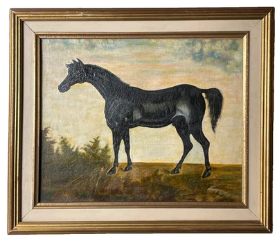 Antigua pintura al óleo del siglo XIX retrato de caballo negro arte popular ecuestre Foto 1 de 4