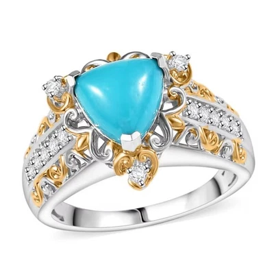 Sleeping Beauty Turquoise & Zircon Victorian Sky Sz9 Ring 18k YG Vermeil, Silver - Image 1 of 4