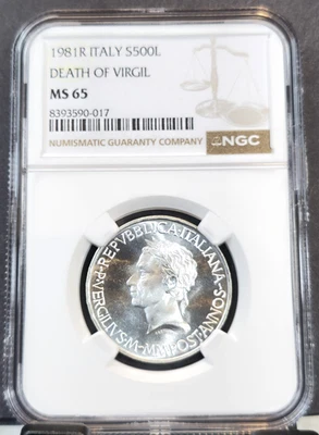 1981 ITALY SILVER 500 LIRE DEATH OF VIRGIL NGC MS 65 SCARCE BRIGHT GEM LUSTER - Image 1 of 3