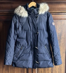 Lauren Ralph Lauren S Down Coat Jacket Navy Puffer Toggles Faux Fur Hood - Picture 1 of 9