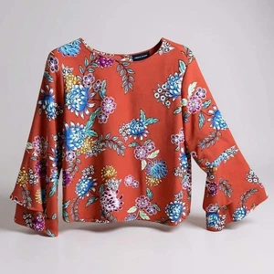 Adrienne Vittadini Blumen Bluse S Glockenärmel Burnt Orange Boho Bohemian Top - Bild 1 von 7