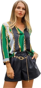 Womens Long Sleeve Casual Loose Blouse Tops Printed V Neck Tunic Shirt (Size:L) - Foto 1 di 7