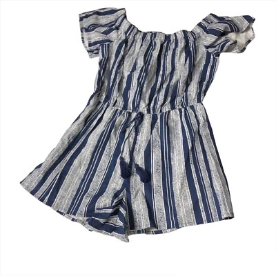 亚麻混纺短裤连身裤 Bebop 女式蓝色条纹无肩带短袖 M 码 — 第 1/4 张图片