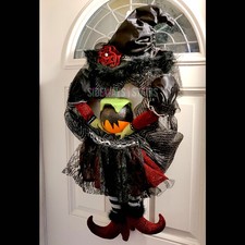 32" HALLOWEEN WITCH WREATH Light Up Cauldron cute goth glitter spooky decor RARE