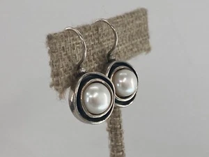 Shablool White Pearl Hammered Sterling Silver Modernist Dangle Hook Earrings 925 - Picture 1 of 9