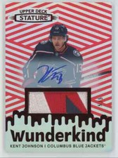 2022-23 UD Stature Wunderkind RED Kent Johnson Auto Patch 5/5 Blue Jackets #W-10
