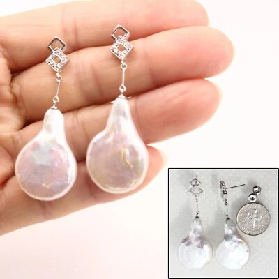 Solid 14k White Gold Diamond & Baroque Coin Pearl Dangle Earrings - Image 1 of 4