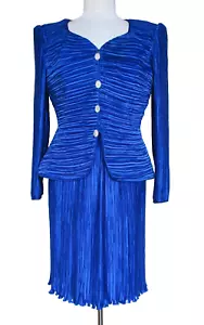 Vintage George F. Couture Blue Skirt Suit Plise Fortuny Pleats Crystal Buttons M - Picture 1 of 7