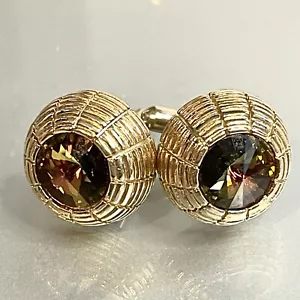 Smokey Quartz Cuff Links Unisex Domed 1980’s Gold Toned Brilliant Cut Stones - Picture 1 of 6