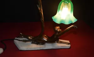 Vintage original 1930s art deco bronze reclining nude female lamp Vaseline shade - Picture 1 of 22