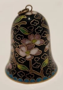 Vintage Cloisonné Emaille Blumenmuster Arbeitsglocke Fingerhut Anhänger, schwarz blau mit rosa - Bild 1 von 3
