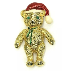 Spilla di Natale vintage AAI orsacchiotto spilla firmata Babbo Natale cappello sciarpa tono oro - Foto 1 di 12