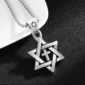 Silver Jewish Star of David with Cross Necklace - Picture 1 of 11