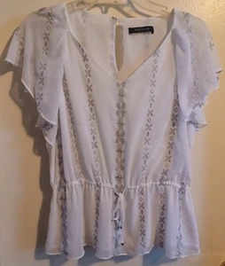 White House Black Market Womens Sz Med White Ruffled Shirt Short Slv Cinch Waist - Picture 1 of 11