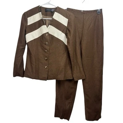 Vintage 80s 90s Liz Claiborne Size 4P Jacket Pants Suit Linen Blend Brown Taper - Image 1 of 4